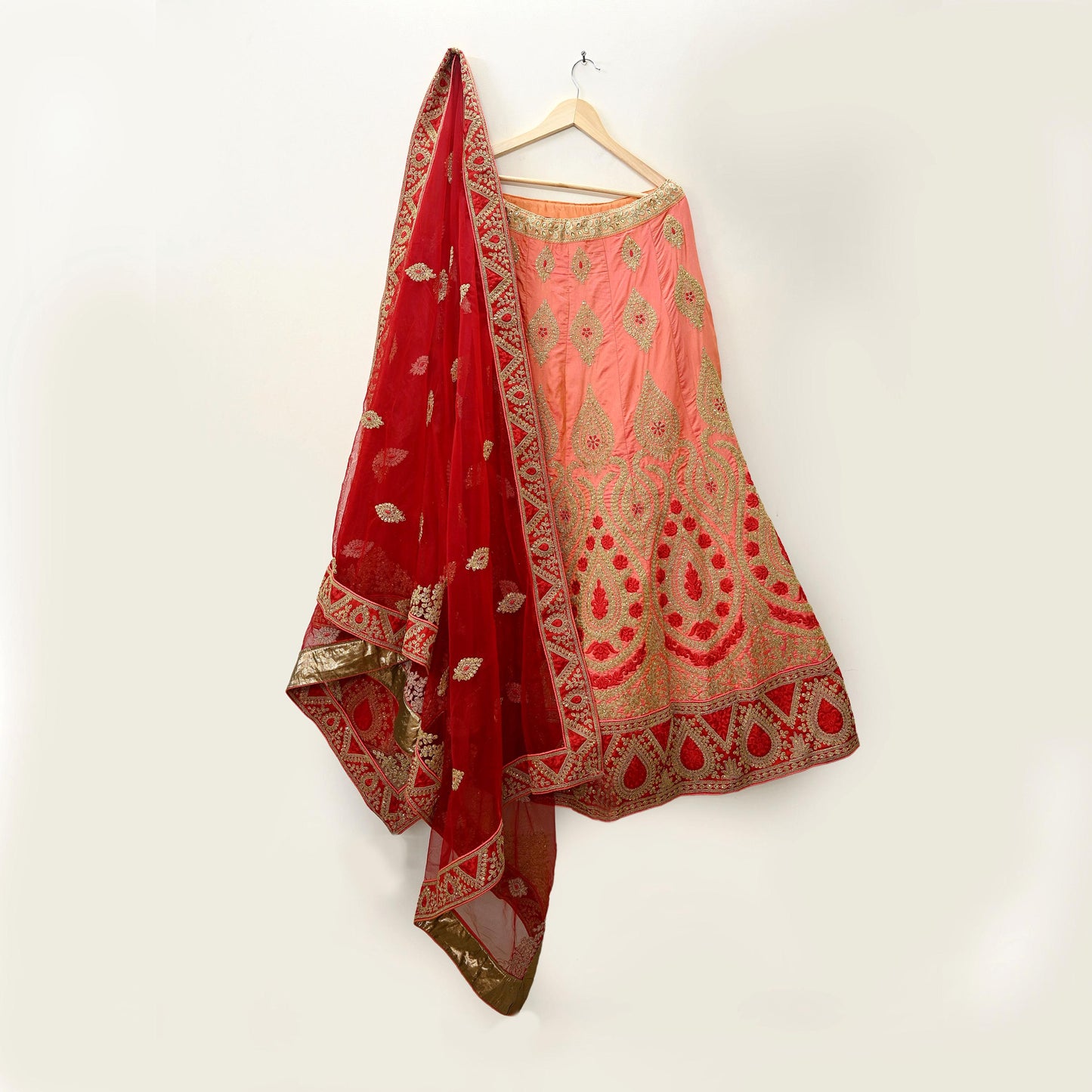 Indian Vintage Red & Peach Net/Mesh Silk Hand Embroidered Lehenga 3pcs Set Bridal Party Wear With Blouse/Dupatta Bollywood Lehenga Zardozi