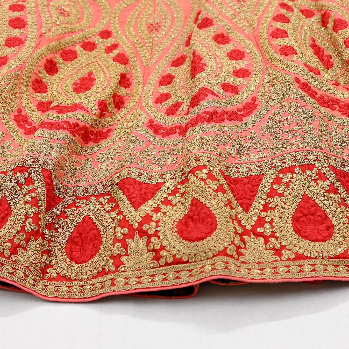 Indian Vintage Wedding Peach Silk Hand Embroidered Skirt Bridal Party Wear Bollywood Lehenga Zari