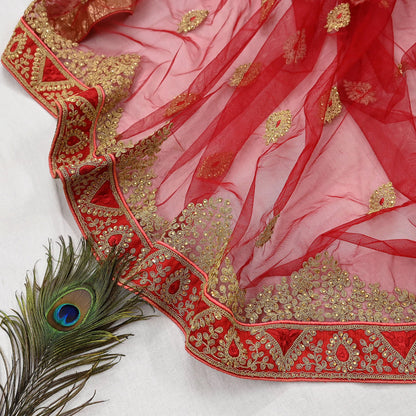 Indian Vintage Heavy Bridal Dupatta Red Net Mesh Long Stole Hand Embroidered Scarves  Patti Wedding/Party Wear
