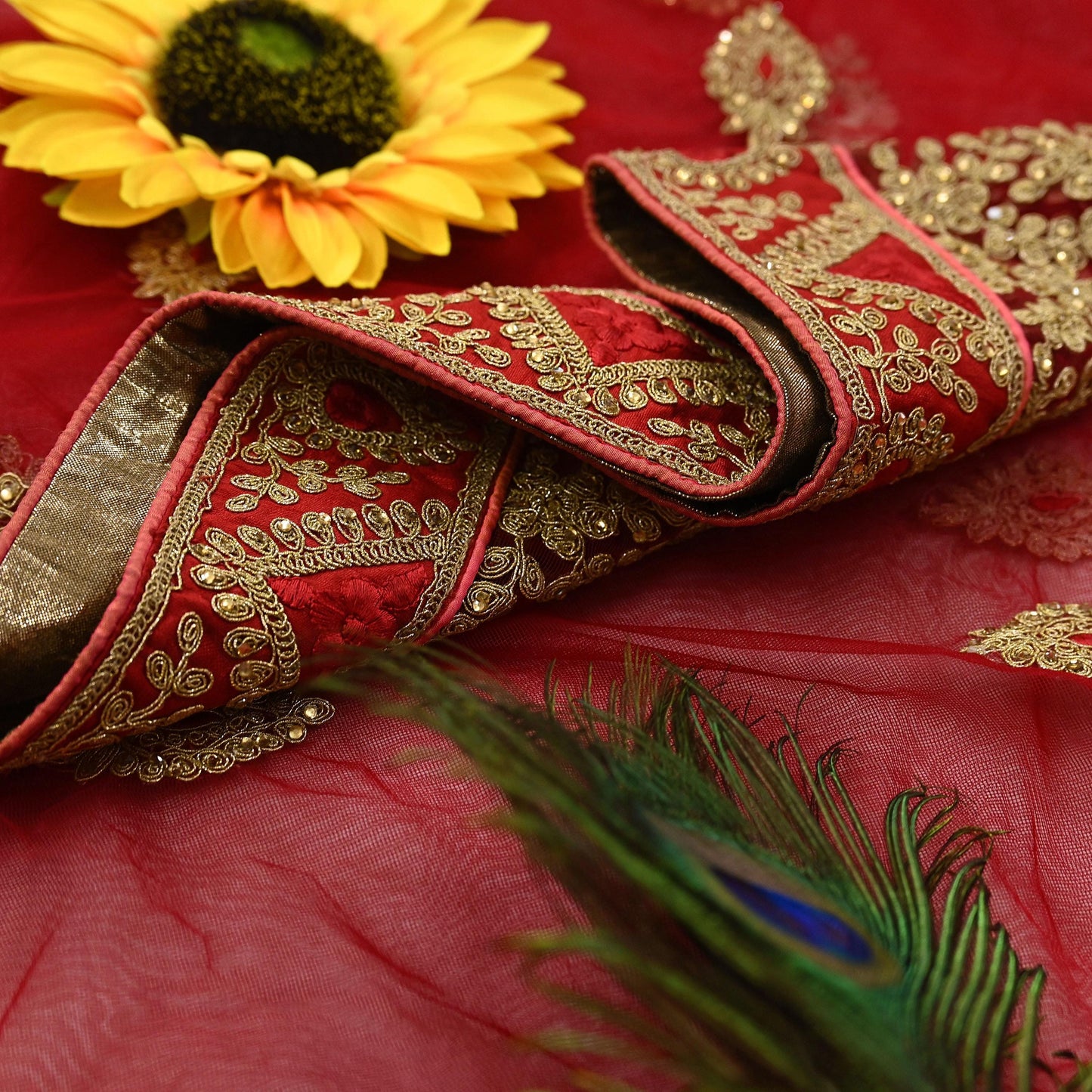 Indian Vintage Heavy Bridal Dupatta Red Net Mesh Long Stole Hand Embroidered Scarves  Patti Wedding/Party Wear