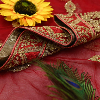 Indian Vintage Heavy Bridal Dupatta Red Net Mesh Long Stole Hand Embroidered Scarves  Patti Wedding/Party Wear