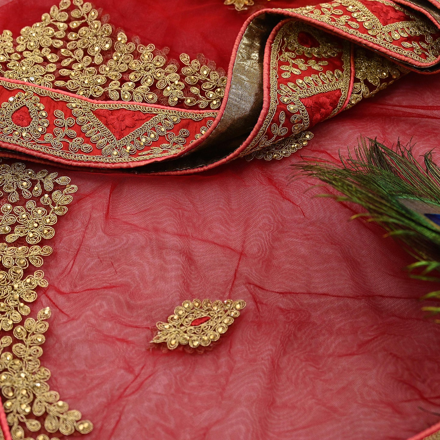 Indian Vintage Heavy Bridal Dupatta Red Net Mesh Long Stole Hand Embroidered Scarves  Patti Wedding/Party Wear