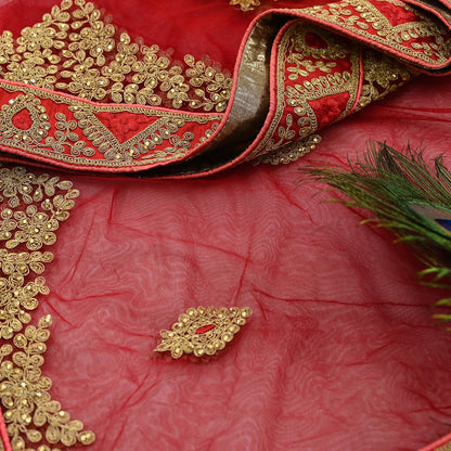 Indian Vintage Heavy Bridal Dupatta Red Net Mesh Long Stole Hand Embroidered Scarves  Patti Wedding/Party Wear