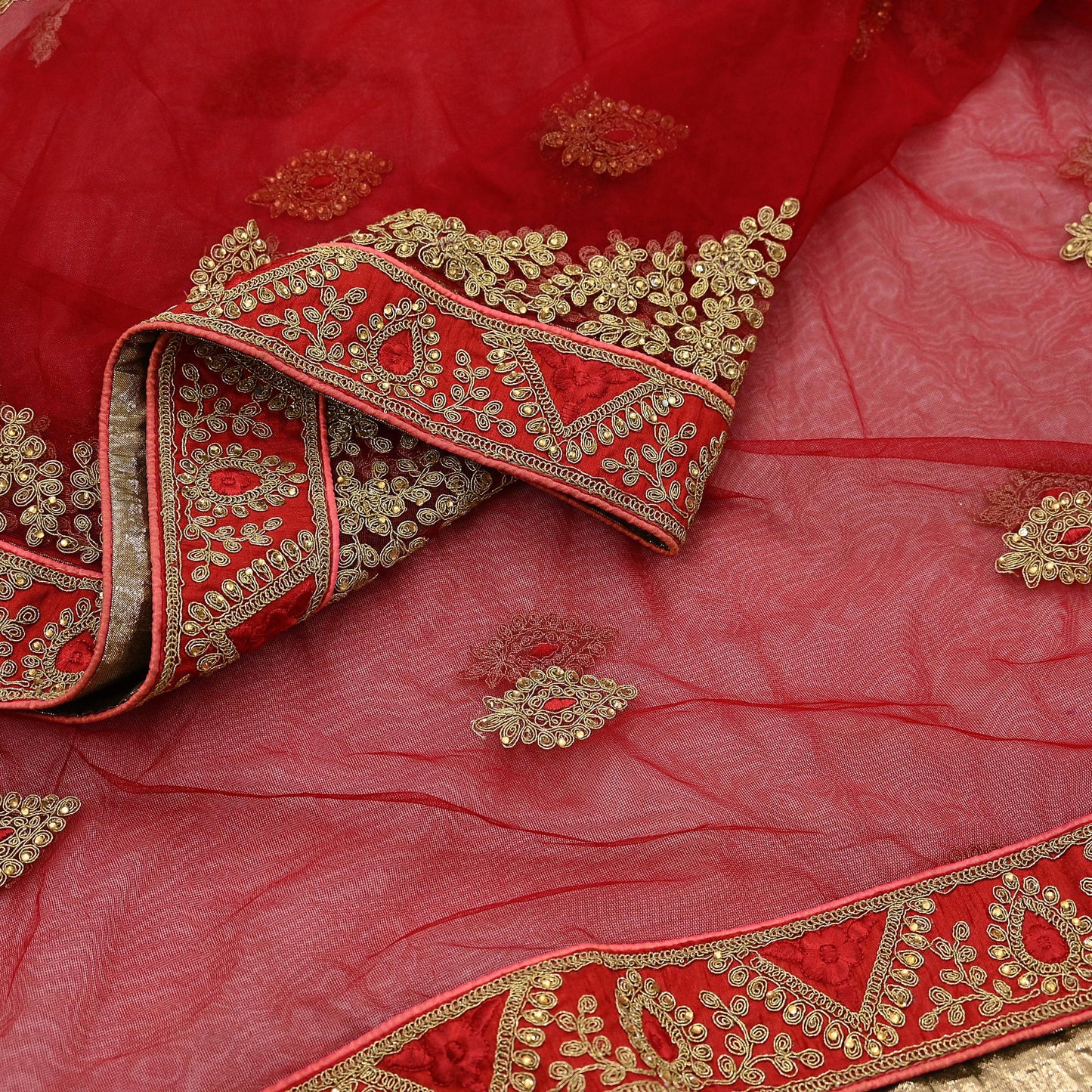 Indian Vintage Heavy Bridal Dupatta Red Net Mesh Long Stole Hand Embroidered Scarves  Patti Wedding/Party Wear