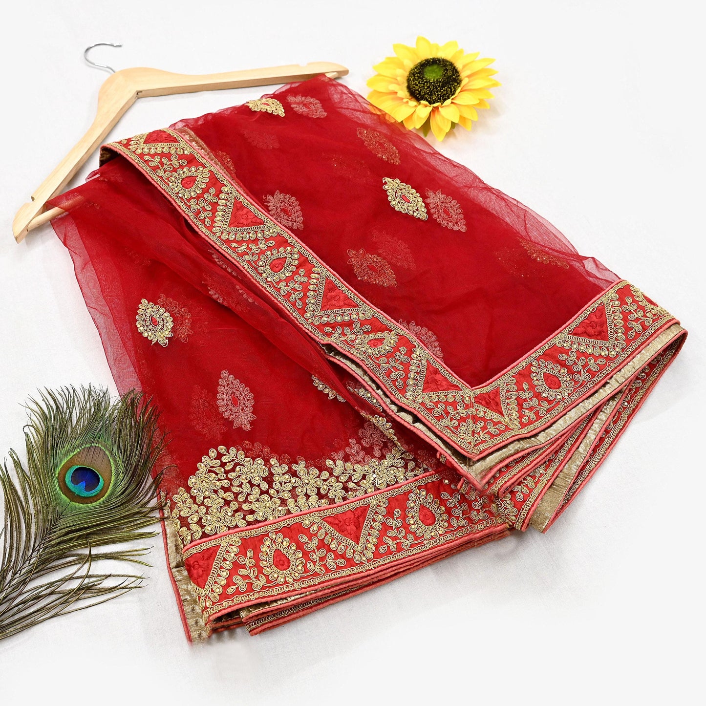 Indian Vintage Heavy Bridal Dupatta Red Net Mesh Long Stole Hand Embroidered Scarves  Patti Wedding/Party Wear