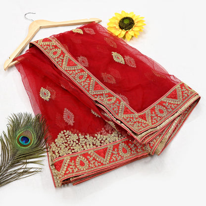 Indian Vintage Heavy Bridal Dupatta Red Net Mesh Long Stole Hand Embroidered Scarves  Patti Wedding/Party Wear