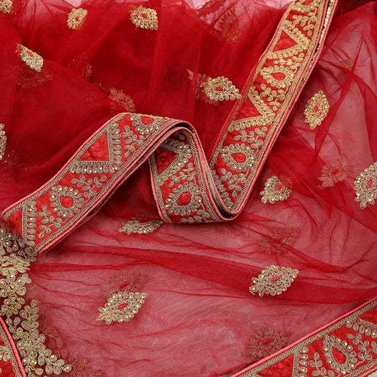 Indian Vintage Heavy Bridal Dupatta Red Net Mesh Long Stole Hand Embroidered Scarves  Patti Wedding/Party Wear