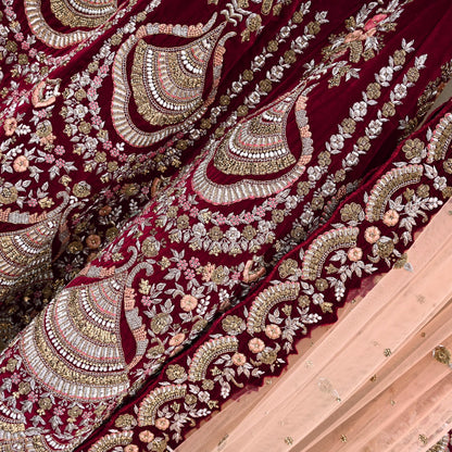 Pre-Owned Designer Anamika Khanna Hand Embroidered Lehenga & Dupatta Set  Maroon Velvet Skirt with Peach Net Dupatta