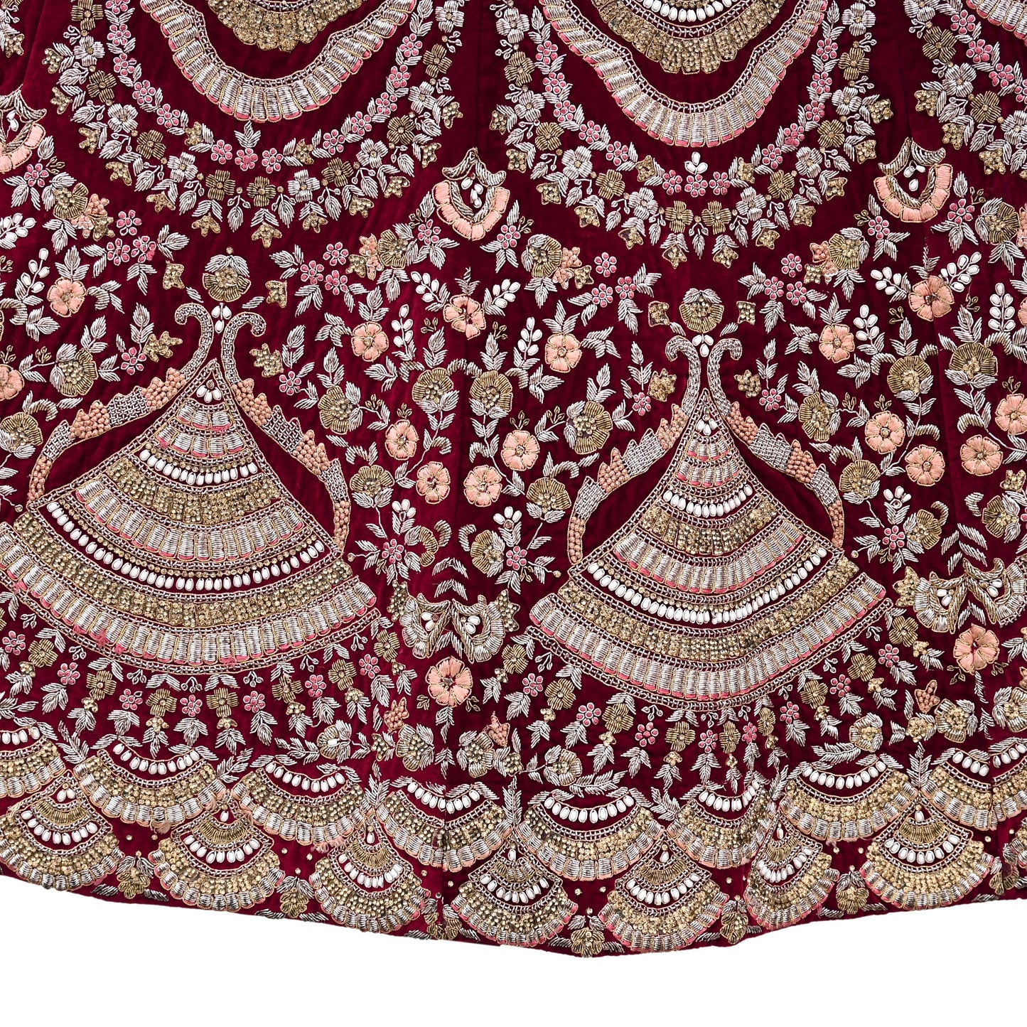 Pre-Owned Designer Anamika Khanna Hand Embroidered Lehenga & Dupatta Set  Maroon Velvet Skirt with Peach Net Dupatta