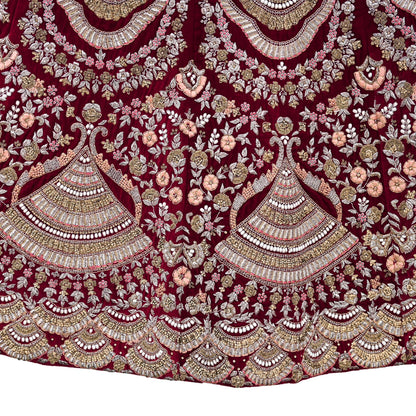 Pre-Owned Designer Anamika Khanna Hand Embroidered Lehenga & Dupatta Set  Maroon Velvet Skirt with Peach Net Dupatta