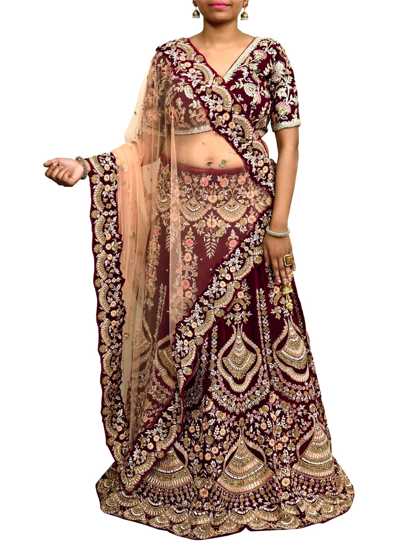 Pre-Owned Designer Anamika Khanna Hand Embroidered Lehenga & Dupatta Set  Maroon Velvet Skirt with Peach Net Dupatta