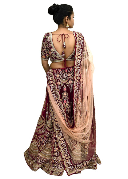 Pre-Owned Designer Anamika Khanna Hand Embroidered Lehenga & Dupatta Set  Maroon Velvet Skirt with Peach Net Dupatta