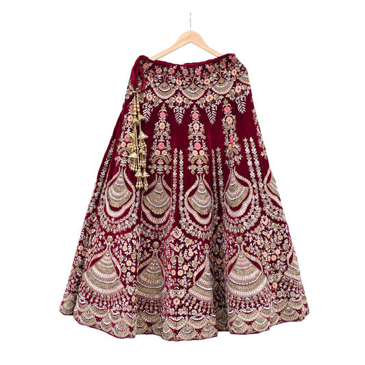Indian Pre-owned Heavy Wedding Maroon Velvet Hand Embroidered Lehenga/Skirt Designer By Anamika Khanna Bridal Wear