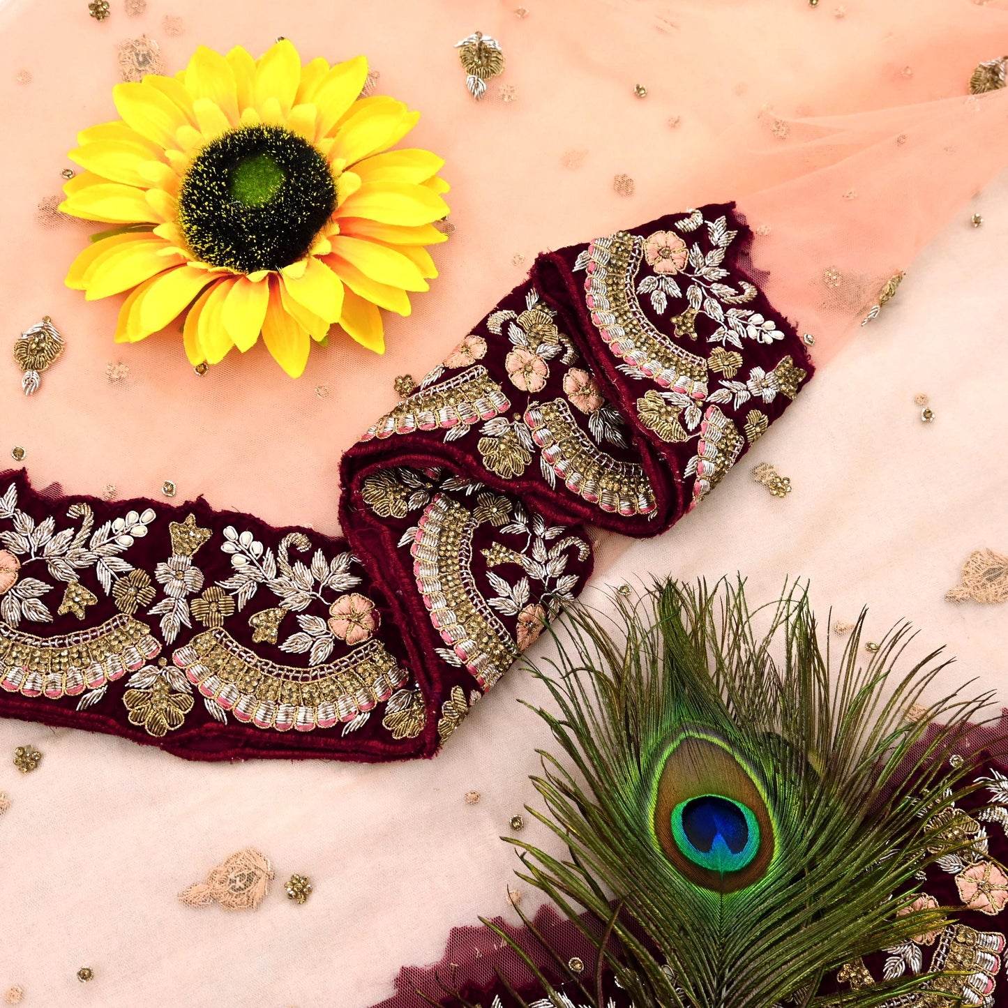 Indian Pre-owned Heavy Wedding Peach Net/Mesh/ Velvet Hand Embroidered Dupatta Designer By Anamika Khanna Bridal Wear