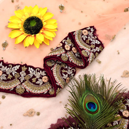 Indian Pre-owned Heavy Wedding Peach Net/Mesh/ Velvet Hand Embroidered Dupatta Designer By Anamika Khanna Bridal Wear