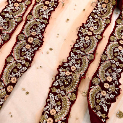 Indian Pre-owned Heavy Wedding Peach Net/Mesh/ Velvet Hand Embroidered Dupatta Designer By Anamika Khanna Bridal Wear