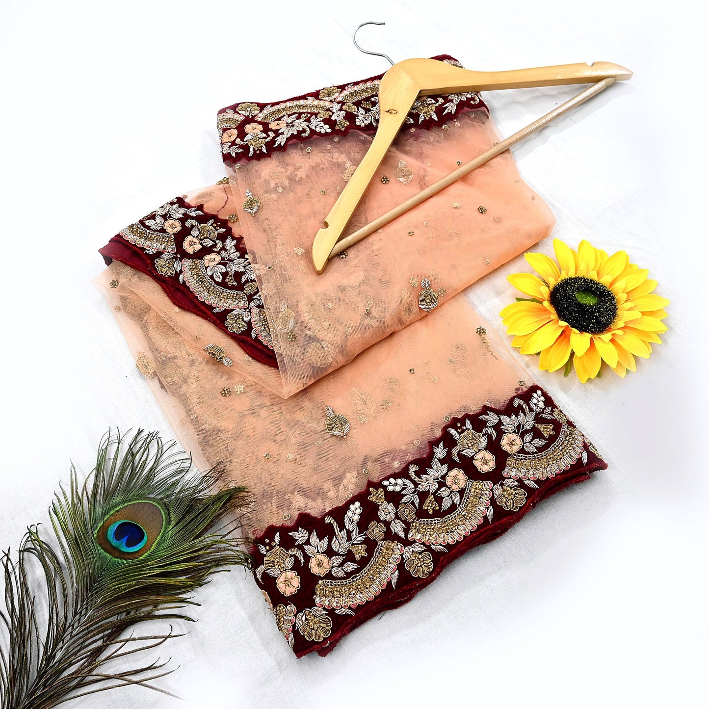 Indian Pre-owned Heavy Wedding Peach Net/Mesh/ Velvet Hand Embroidered Dupatta Designer By Anamika Khanna Bridal Wear