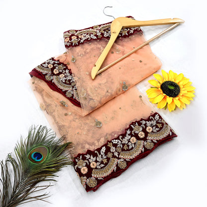 Indian Pre-owned Heavy Wedding Peach Net/Mesh/ Velvet Hand Embroidered Dupatta Designer By Anamika Khanna Bridal Wear