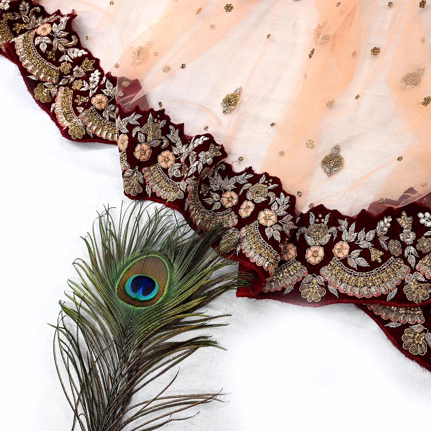 Indian Pre-owned Heavy Wedding Peach Net/Mesh/ Velvet Hand Embroidered Dupatta Designer By Anamika Khanna Bridal Wear