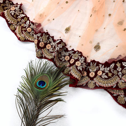 Indian Pre-owned Heavy Wedding Peach Net/Mesh/ Velvet Hand Embroidered Dupatta Designer By Anamika Khanna Bridal Wear