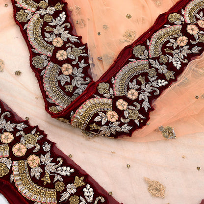 Indian Pre-owned Heavy Wedding Peach Net/Mesh/ Velvet Hand Embroidered Dupatta Designer By Anamika Khanna Bridal Wear