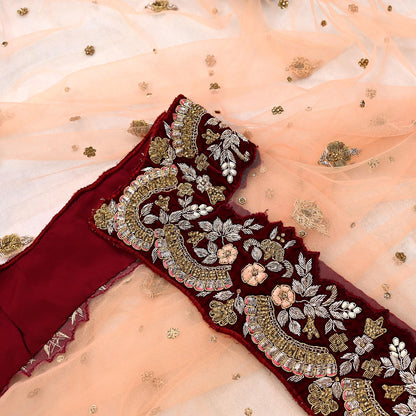 Indian Pre-owned Heavy Wedding Peach Net/Mesh/ Velvet Hand Embroidered Dupatta Designer By Anamika Khanna Bridal Wear