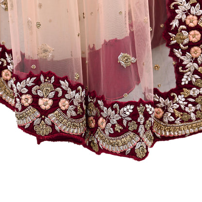 Indian Pre-owned Heavy Wedding Peach Net/Mesh/ Velvet Hand Embroidered Dupatta Designer By Anamika Khanna Bridal Wear
