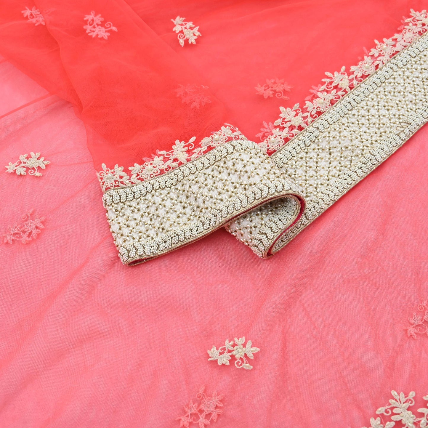Indian Pre-owned Heavy Dupatta Pink Net Long Stole Hand Embroidered By Designer Abu Jani Scarves Bridal Veil