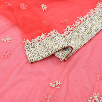 Indian Pre-owned Heavy Dupatta Pink Net Long Stole Hand Embroidered By Designer Abu Jani Scarves Bridal Veil