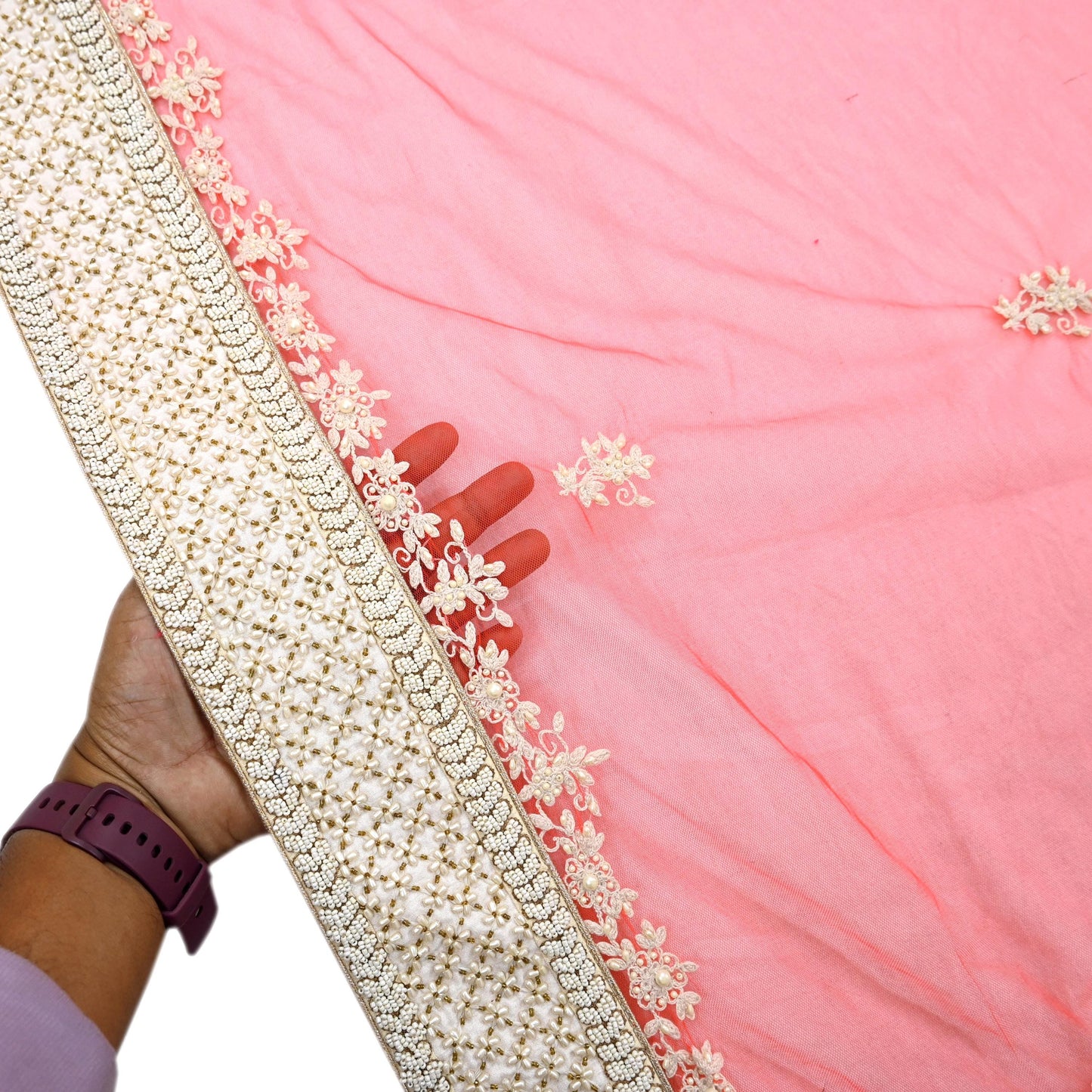 Indian Pre-owned Heavy Dupatta Pink Net Long Stole Hand Embroidered By Designer Abu Jani Scarves Bridal Veil