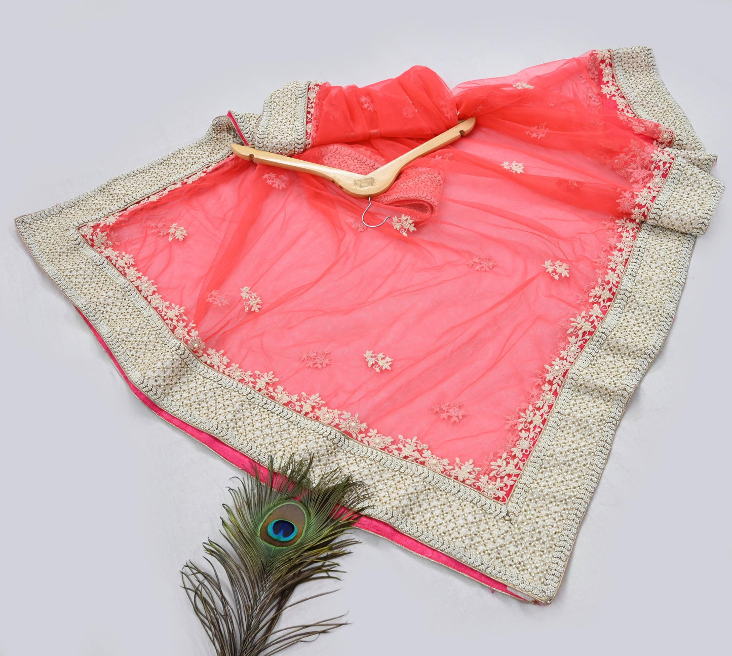 Indian Pre-owned Heavy Dupatta Pink Net Long Stole Hand Embroidered By Designer Abu Jani Scarves Bridal Veil