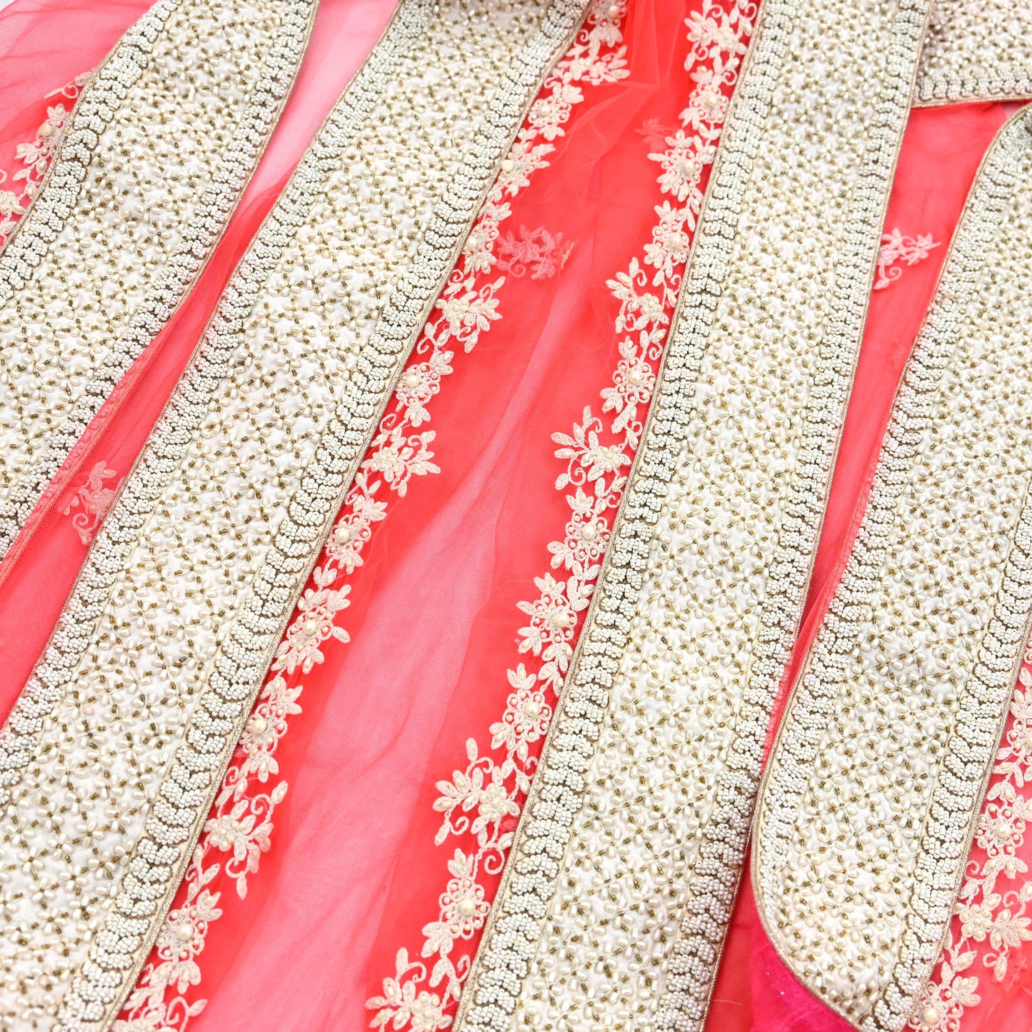 Indian Pre-owned Heavy Dupatta Pink Net Long Stole Hand Embroidered By Designer Abu Jani Scarves Bridal Veil