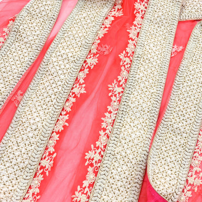 Indian Pre-owned Heavy Dupatta Pink Net Long Stole Hand Embroidered By Designer Abu Jani Scarves Bridal Veil