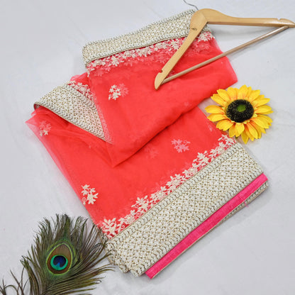 Indian Pre-owned Heavy Dupatta Pink Net Long Stole Hand Embroidered By Designer Abu Jani Scarves Bridal Veil