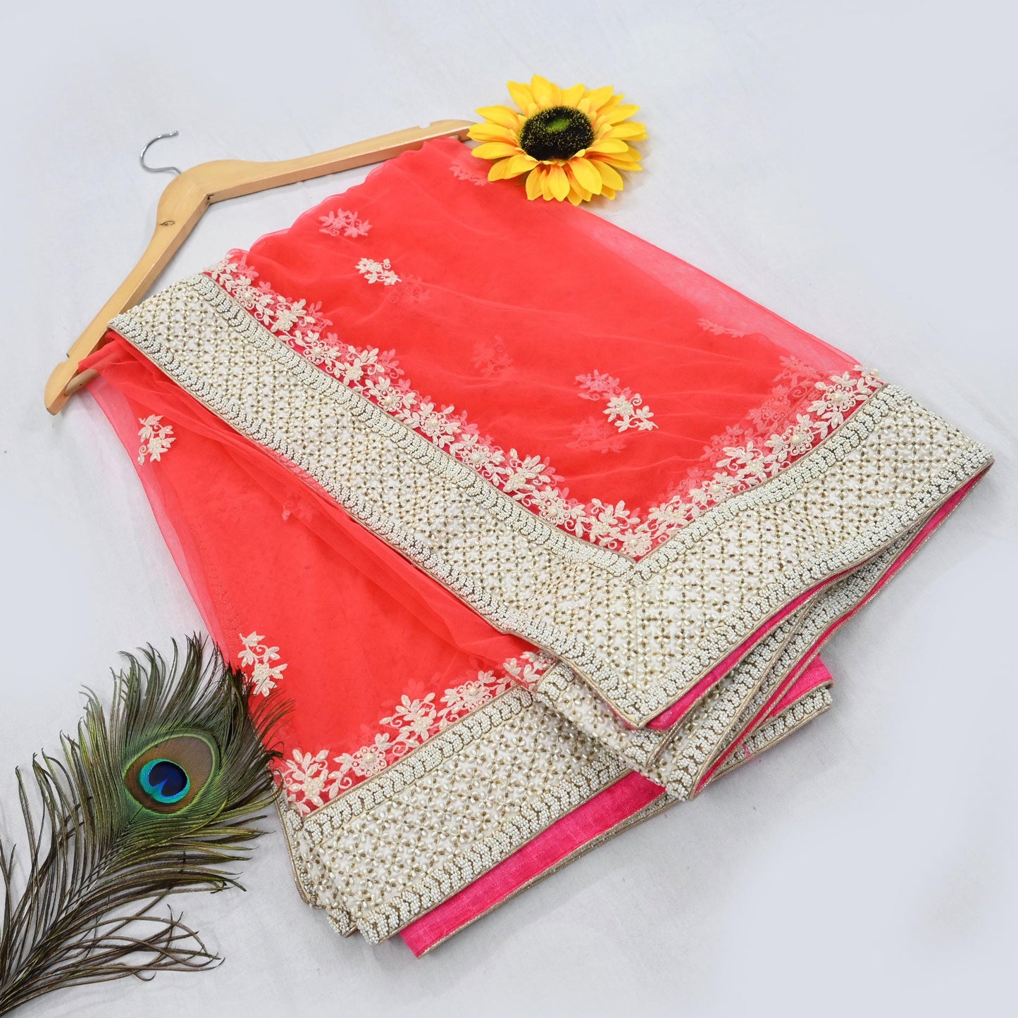 Indian Pre-owned Heavy Dupatta Pink Net Long Stole Hand Embroidered By Designer Abu Jani Scarves Bridal Veil