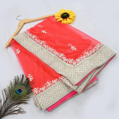 Indian Pre-owned Heavy Dupatta Pink Net Long Stole Hand Embroidered By Designer Abu Jani Scarves Bridal Veil