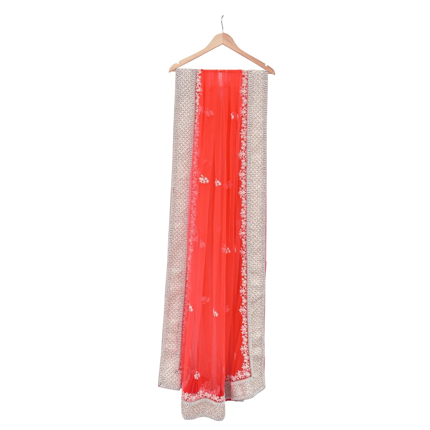 Indian Pre-owned Heavy Dupatta Pink Net Long Stole Hand Embroidered By Designer Abu Jani Scarves Bridal Veil