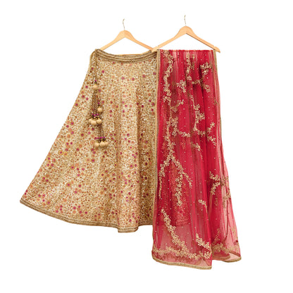 Pre-Owned Designer Abu Jani Hand Embroidered Golden Red Chanderi Silk Net Bridal Lehenga Set with Dupatta & Blouse Couture Outfit