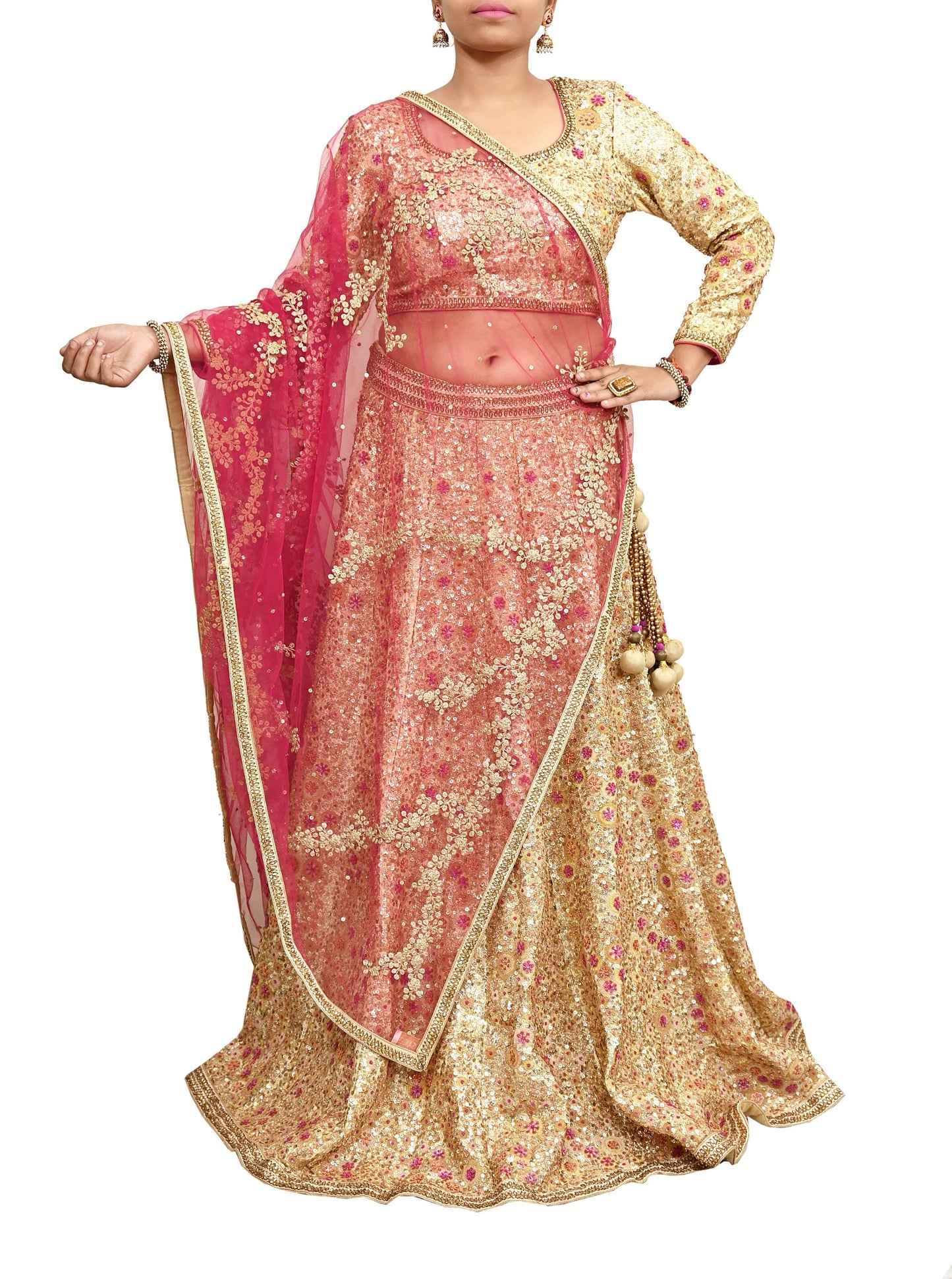 Pre-Owned Designer Abu Jani Hand Embroidered Golden Red Chanderi Silk Net Bridal Lehenga Set with Dupatta & Blouse Couture Outfit