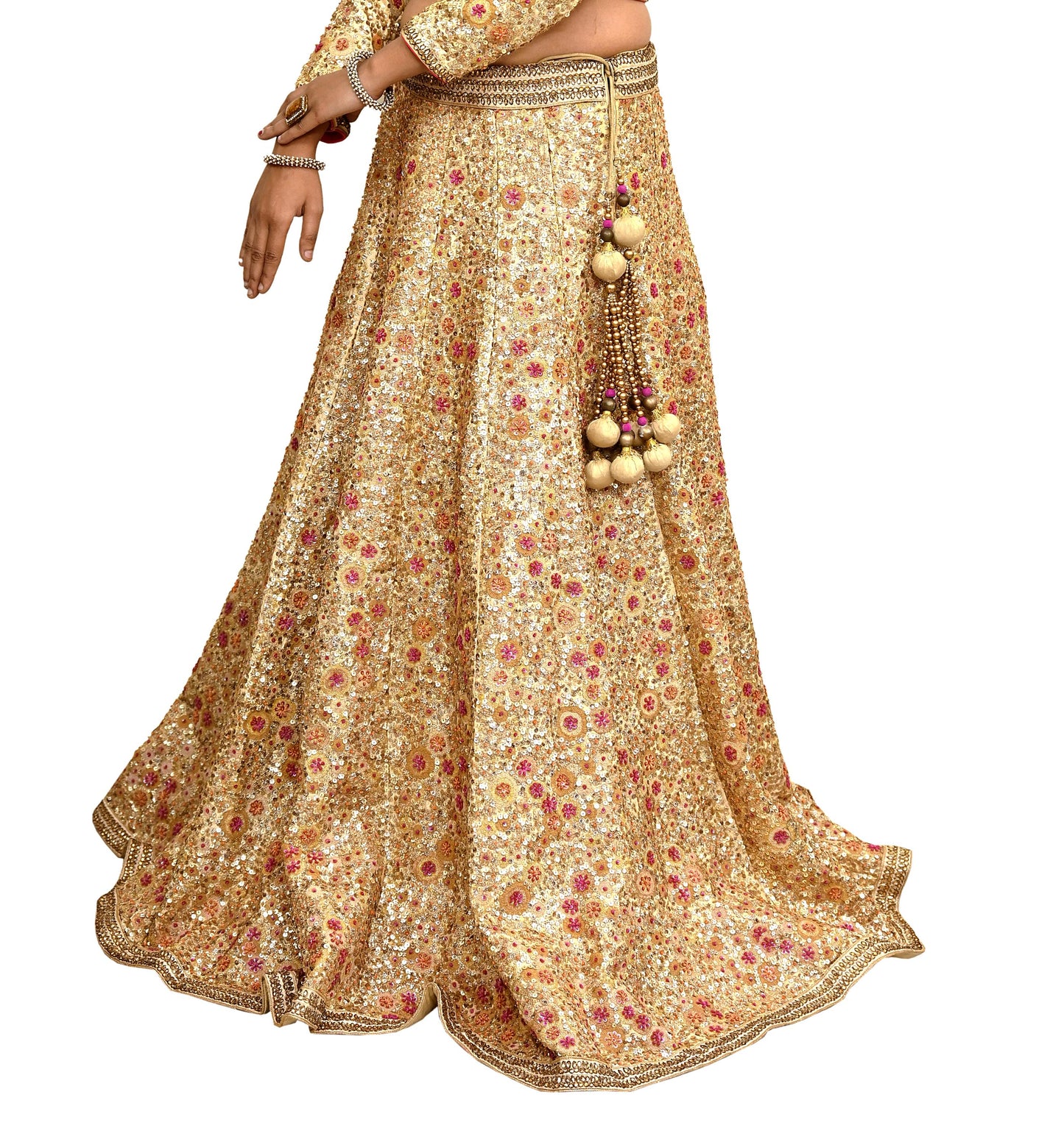 Pre-Owned Designer Abu Jani Hand Embroidered Golden Red Chanderi Silk Net Bridal Lehenga Set with Dupatta & Blouse Couture Outfit