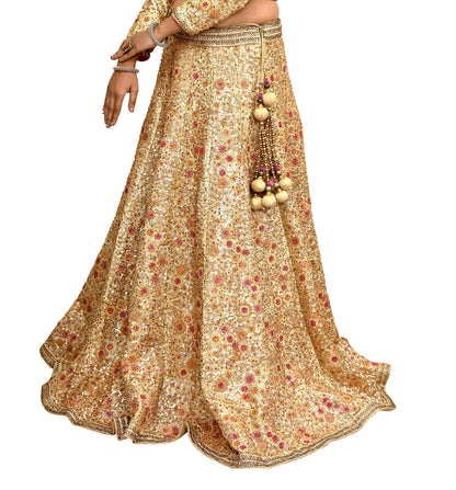 Pre-Owned Designer Abu Jani Hand Embroidered Golden Red Chanderi Silk Net Bridal Lehenga Set with Dupatta & Blouse Couture Outfit