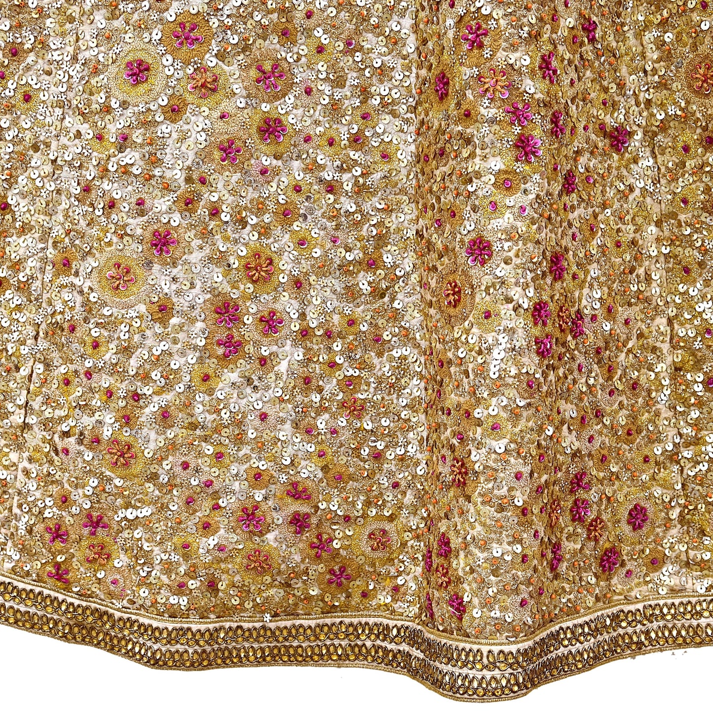 Pre-Owned Designer Abu Jani Hand Embroidered Golden Red Chanderi Silk Net Bridal Lehenga Set with Dupatta & Blouse Couture Outfit