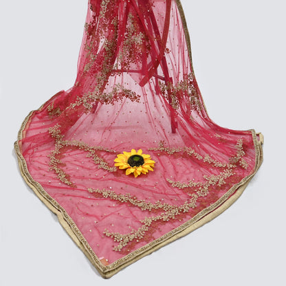 Indian Pre-owned Heavy Dupatta Red Net Long Stole Hand Embroidered By Designer Abu Jani Scarves Bridal Veil