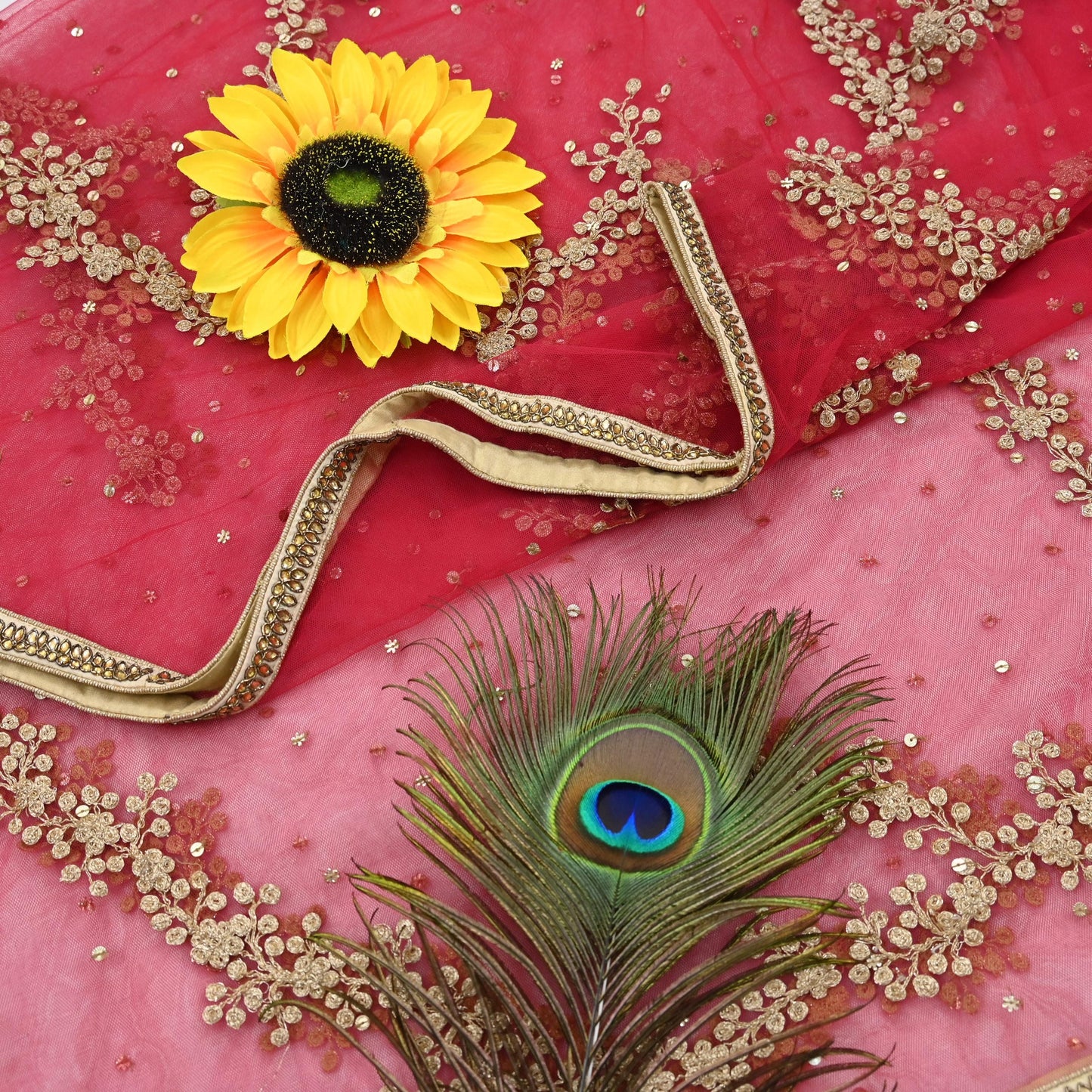 Indian Pre-owned Heavy Dupatta Red Net Long Stole Hand Embroidered By Designer Abu Jani Scarves Bridal Veil