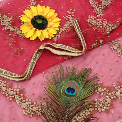 Indian Pre-owned Heavy Dupatta Red Net Long Stole Hand Embroidered By Designer Abu Jani Scarves Bridal Veil