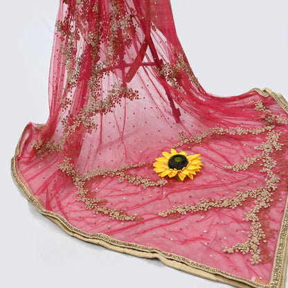 Indian Pre-owned Heavy Dupatta Red Net Long Stole Hand Embroidered By Designer Abu Jani Scarves Bridal Veil