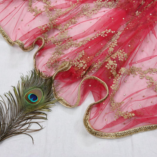 Indian Pre-owned Heavy Dupatta Red Net Long Stole Hand Embroidered By Designer Abu Jani Scarves Bridal Veil