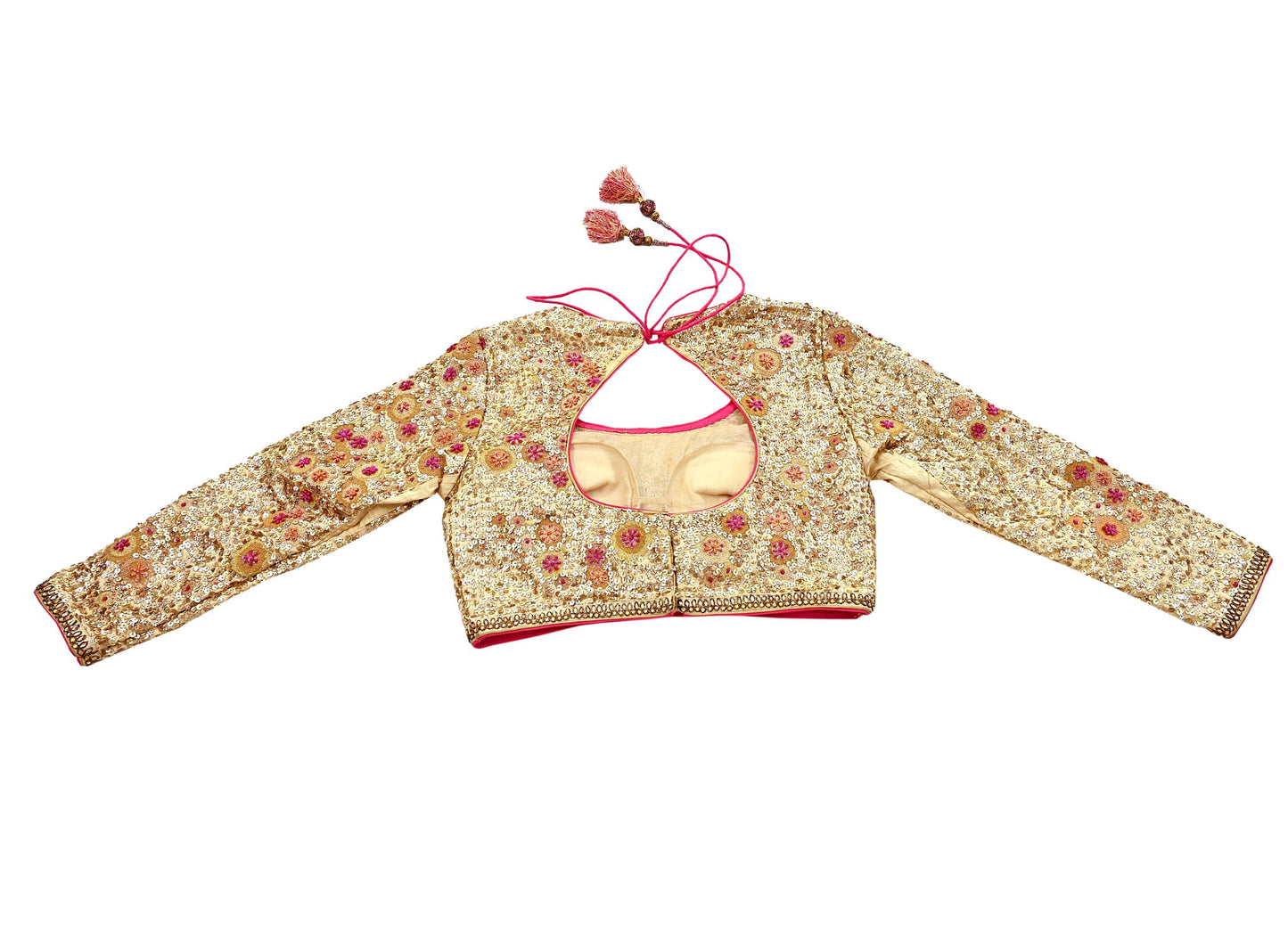 Indian Pre-owned Golden Pure Chanderi Silk Hand Embroidered By Designer Abu Jani Blouse/Top/Crop 34 M Size Party wear Bollywood