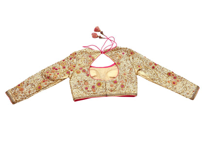 Indian Pre-owned Golden Pure Chanderi Silk Hand Embroidered By Designer Abu Jani Blouse/Top/Crop 34 M Size Party wear Bollywood