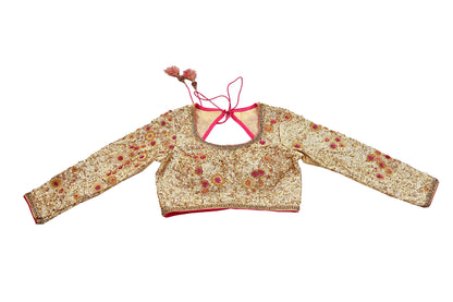 Indian Pre-owned Golden Pure Chanderi Silk Hand Embroidered By Designer Abu Jani Blouse/Top/Crop 34 M Size Party wear Bollywood